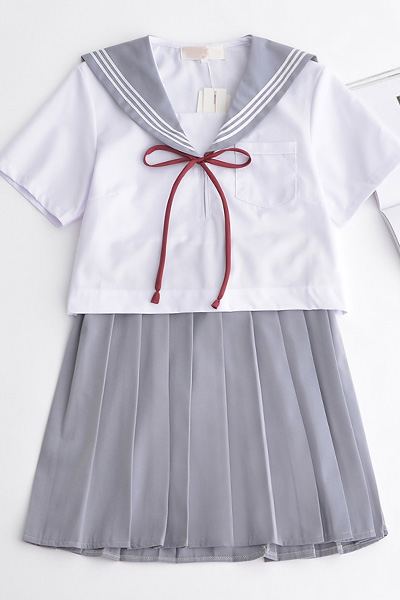 高品質JKグレーセーラー制服,女子夏用通学服,3本線タイプ 関西衿学生服