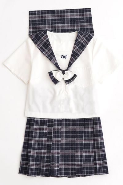短袖cat刺繍セーラー服,JK女子高生長袖チェック柄学生服