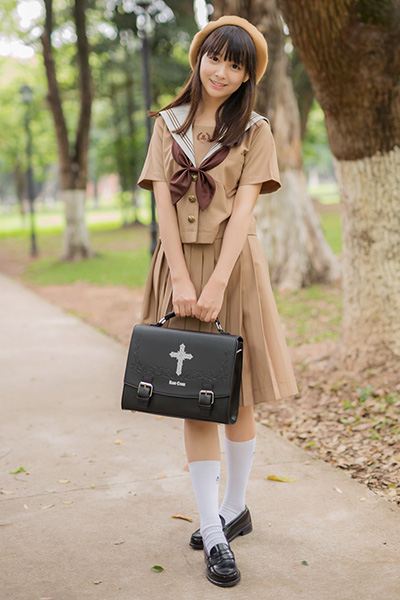 JK高品質茶色セーラー夏服,大きいサイズ女子高生学生服 