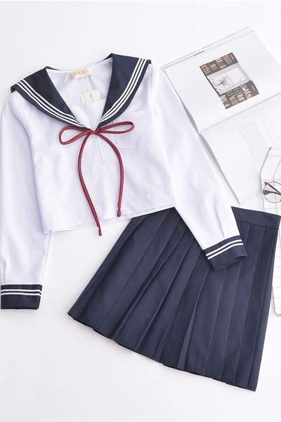 関西衿短袖セーラー学生服, JK女子紺色襟制服,白三本ラインセーラー制服