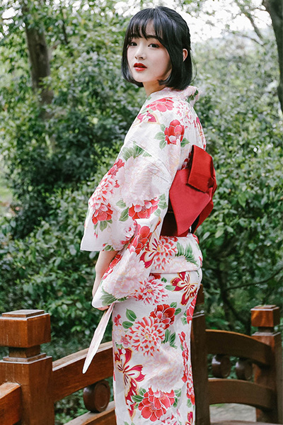 桜柄浴衣セット,赤リボン付け浴衣,夏祭り古典柄フリーサイズ着物