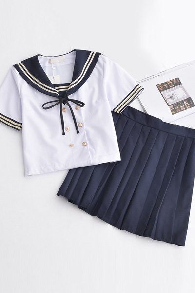 ダブルボタンセーラー服,紺色2本ライン短袖通学服