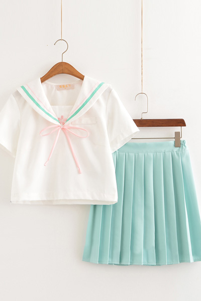 カワイイ桜刺繍短袖セーラー服,萌え萌えホワイト2本線学生服