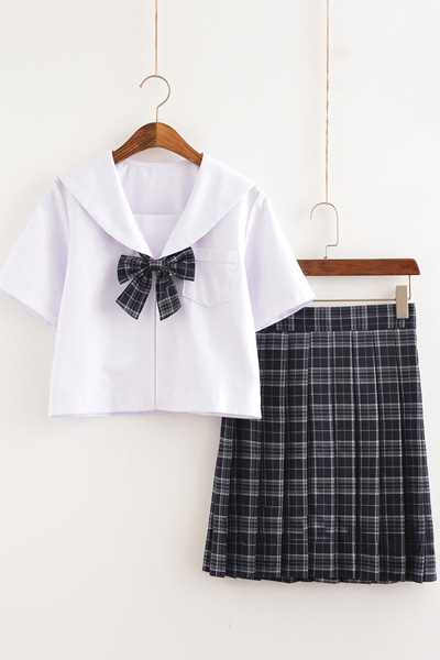 ピンクチェック柄セーラー服セット,グレーオリジナル定番学生服　　