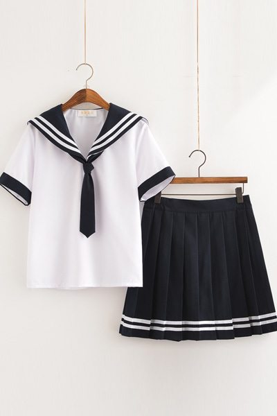 水兵風韓国風学生セーラー制服,2本ライン女子高生コスプレ衣装